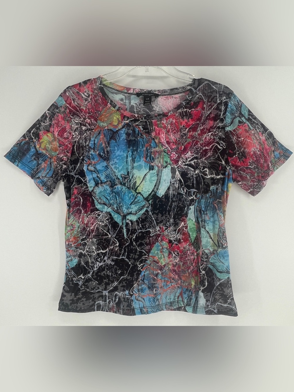 ALISON SHERI Abstract Floral Mesh Top L Y2K Art To Wear Vibrant Graphic Tee